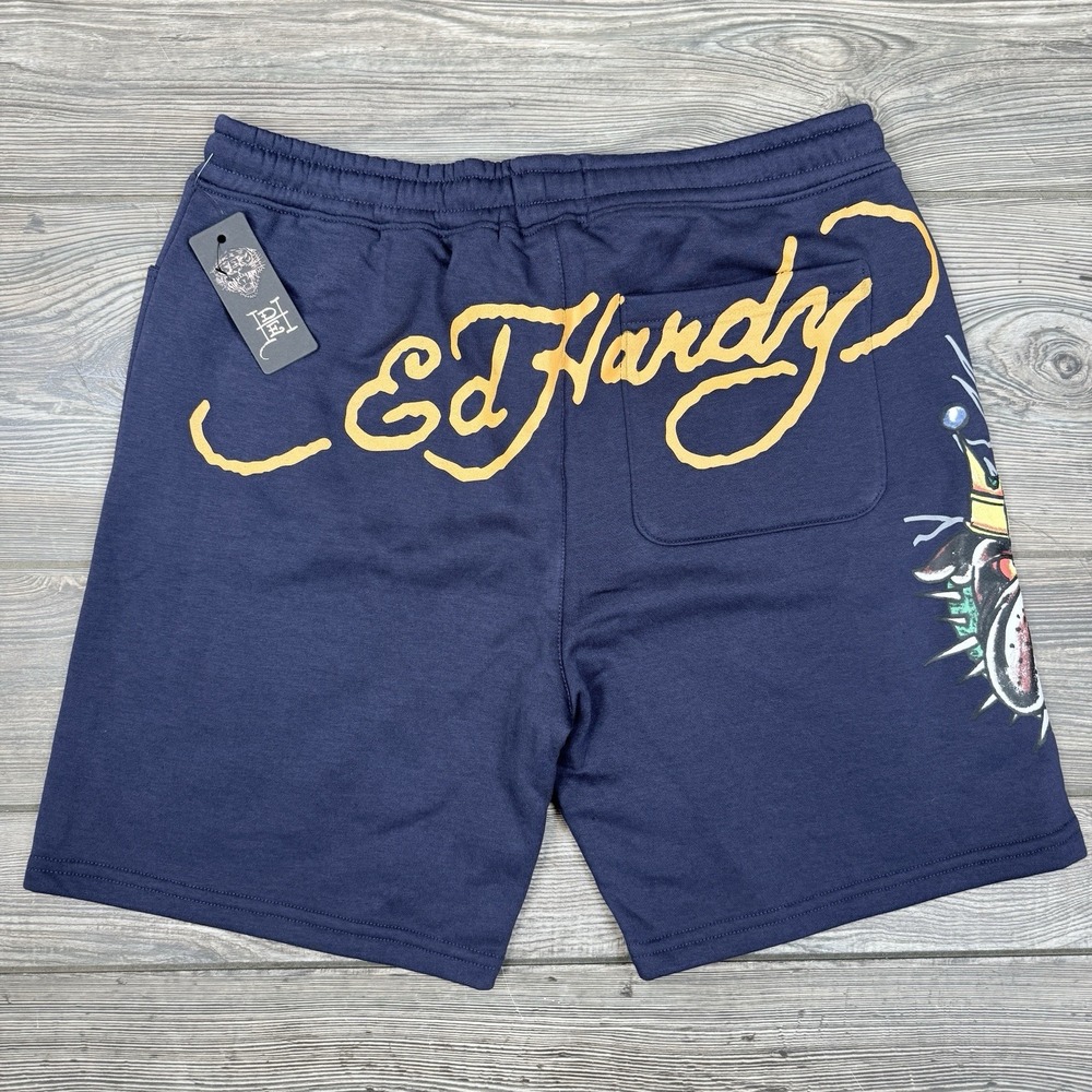Ed Hardy Fleece Sweats Shorts Graphic Bulldog  Drawstring Navy Mens LARGE NWT - Picture 6 of 8